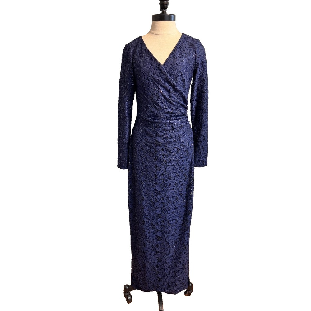 Ralph Lauren Evening Dress Gown Navy Blue Lace Sequin Long Sleeve Formal US 4